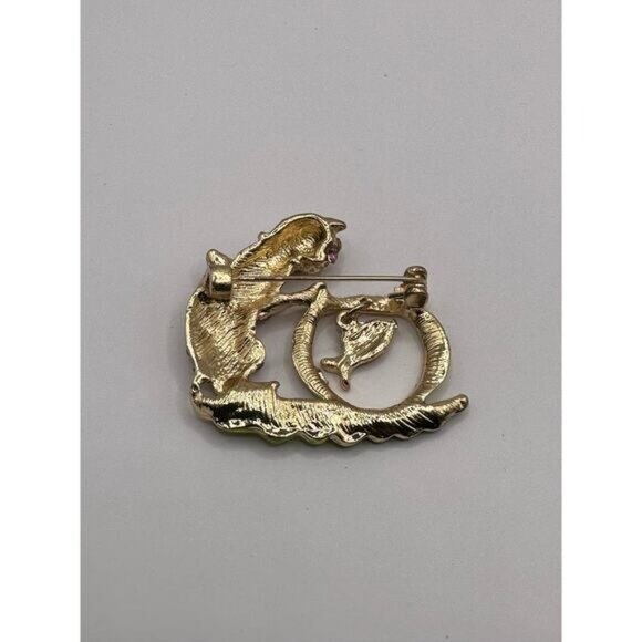 Cat & Fish Brooch Pin With Rhinestones & Enamel Accents - Picture 10 of 10